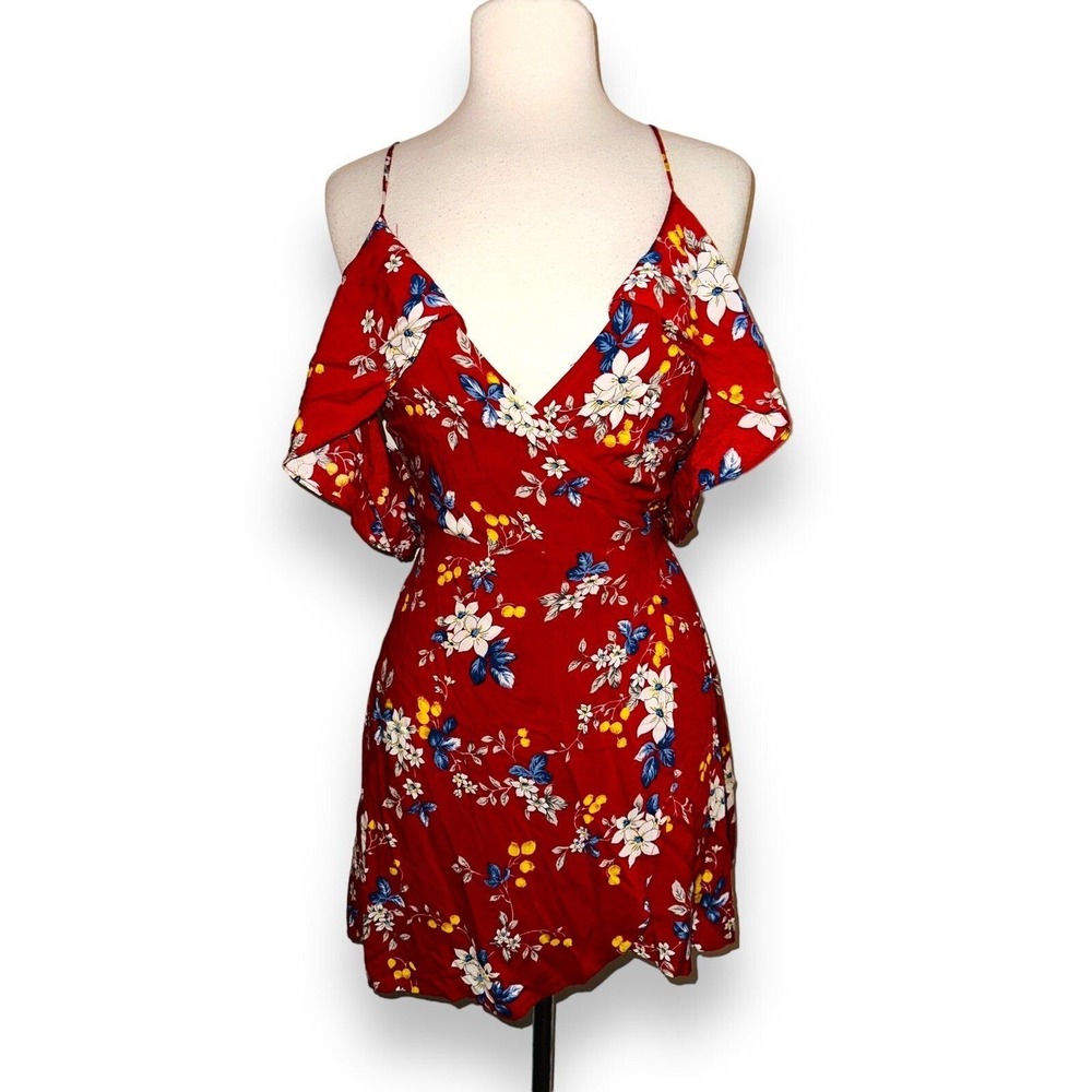 Q2 Vestique Women's Wrap Dress Red Floral Off Shoulder Small Spring Beach